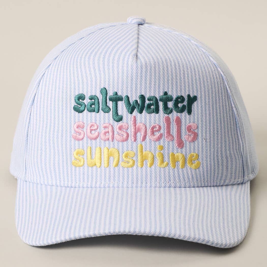 Blue Saltwater Seashells Sunshine Embroidered Seersucker Hat