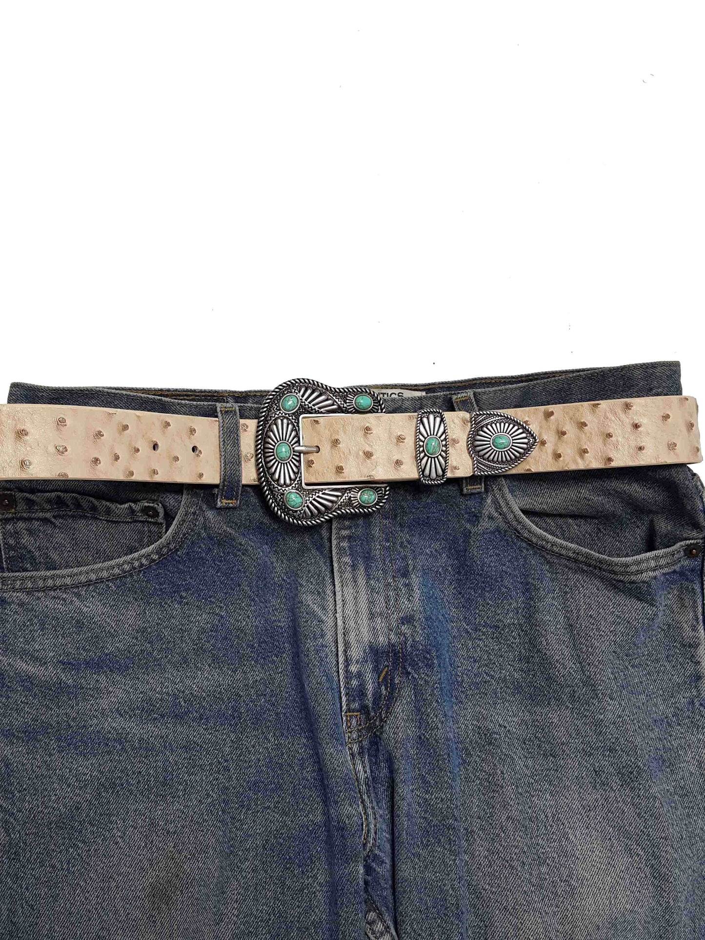 Navajo-Inspired Buckle with Ostrich Belt: Beige