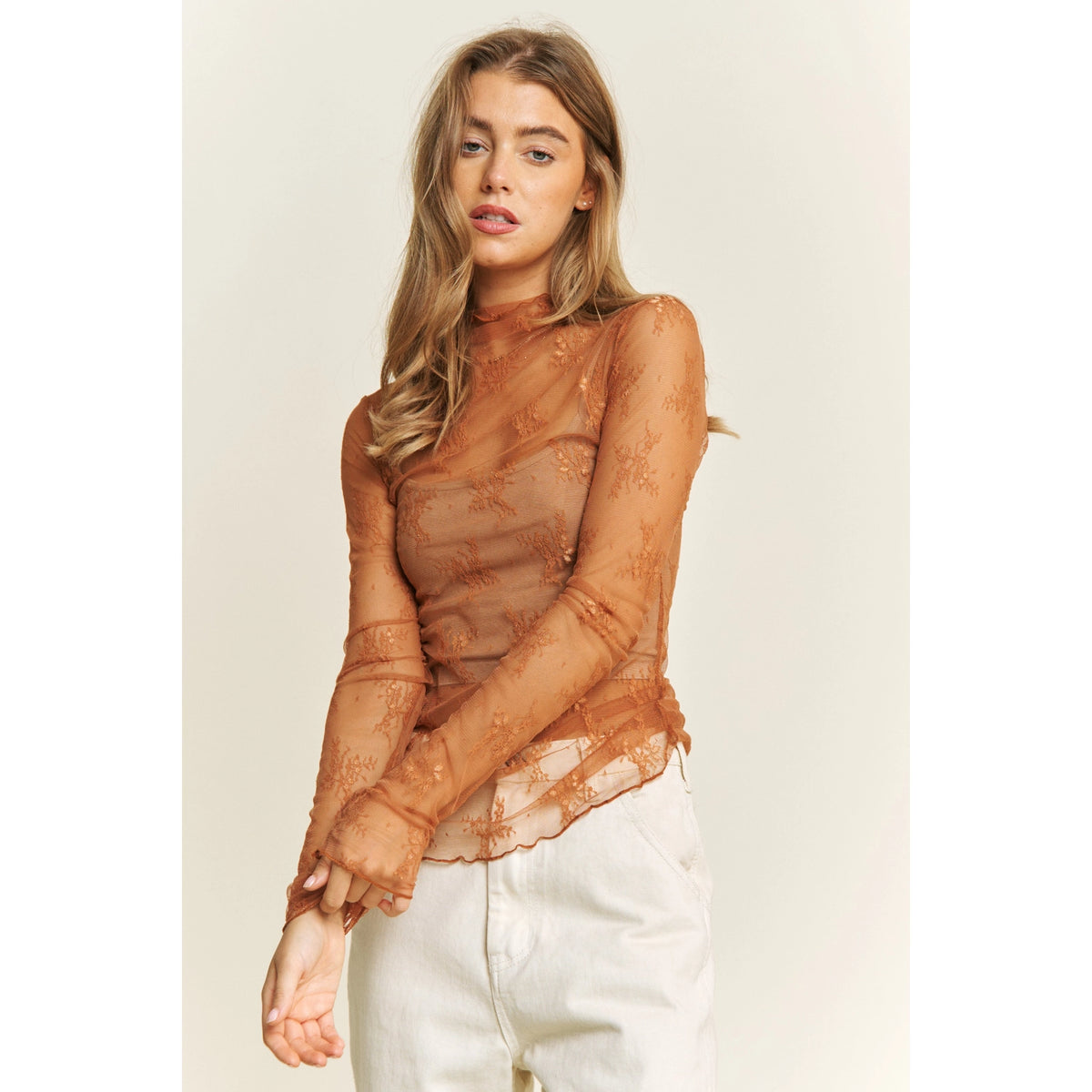 Amber Sheer Lace Long Sleeve Mesh Top