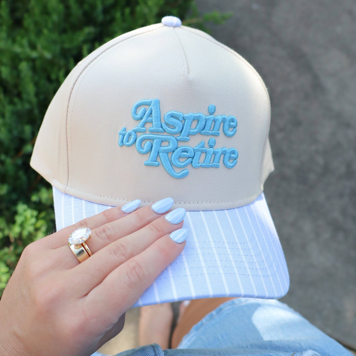 Blue Stripe Aspire to Retire Embroidered Trucker Hat