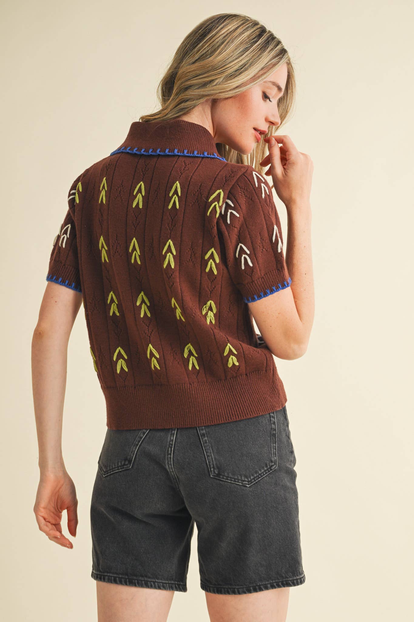 Brown Hand Embroidered Short Sleeve Button Down Sweater