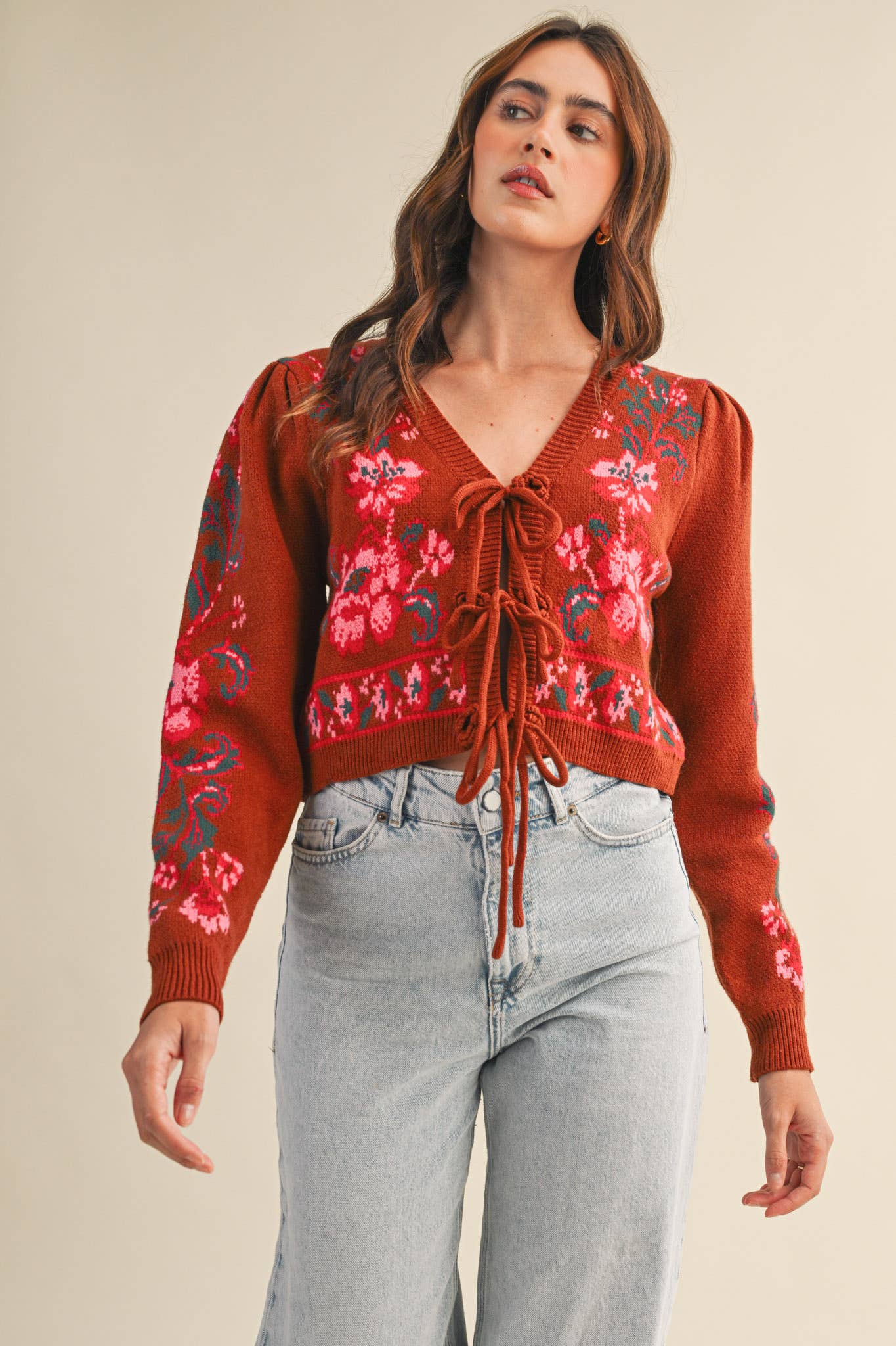 Brick Red Floral Knit Tie-Front Cropped Sweater