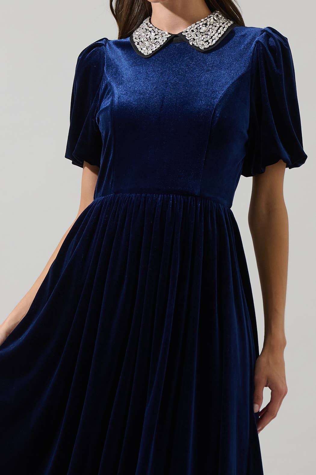 Francie Rhinestone Velvet Midi Dress: Navy