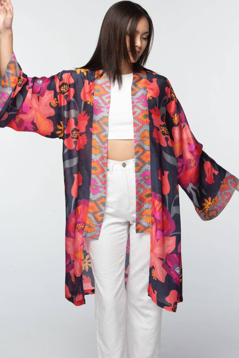 Malini Cupro Kimonos: Navy Multi Floral