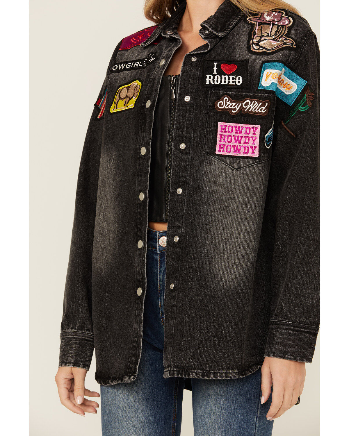 Dark Wash Western Patchwork Snap Jacket