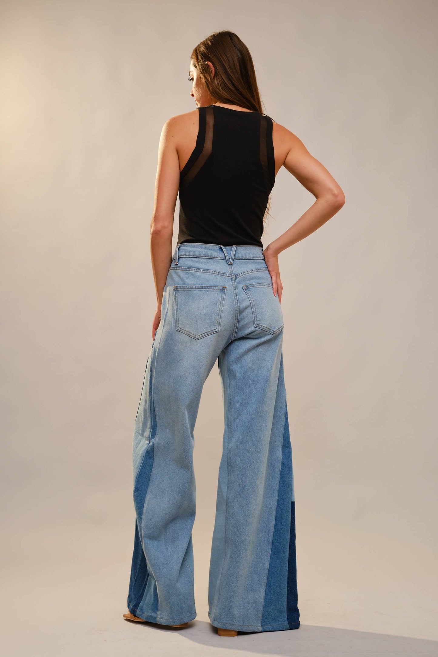 High Rise Super Wide Leg Color Block Jeans