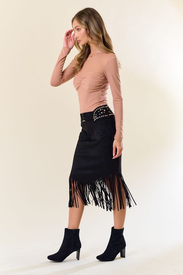 Outlaw Studded Faux Suede Fringe Midi Skirt – Black