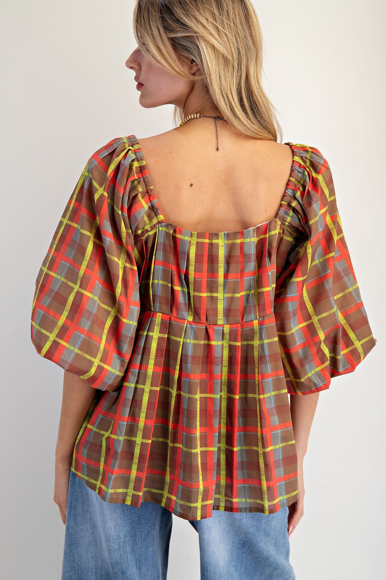 Brown Plaid Organza Babydoll Top