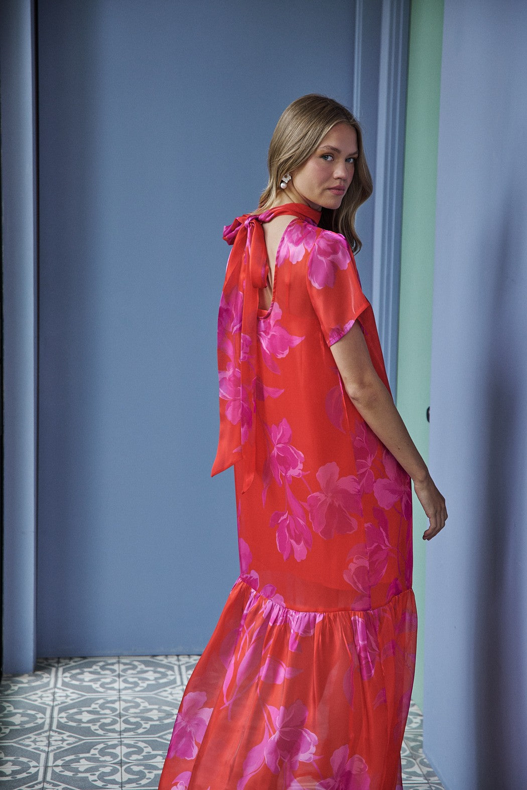 Red and Fuchsia Floral Organza Mock Neck Maxi Dress