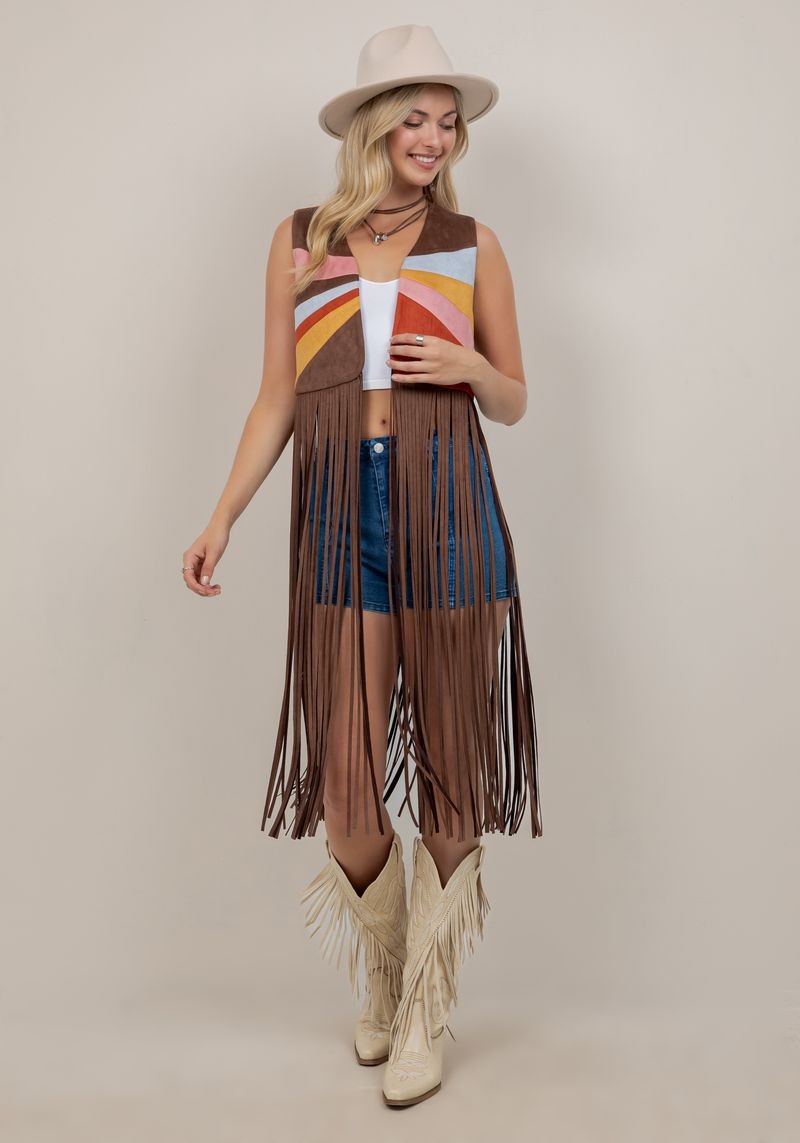 Painted Desert Colorblock Faux Suede Long Fringe Vest