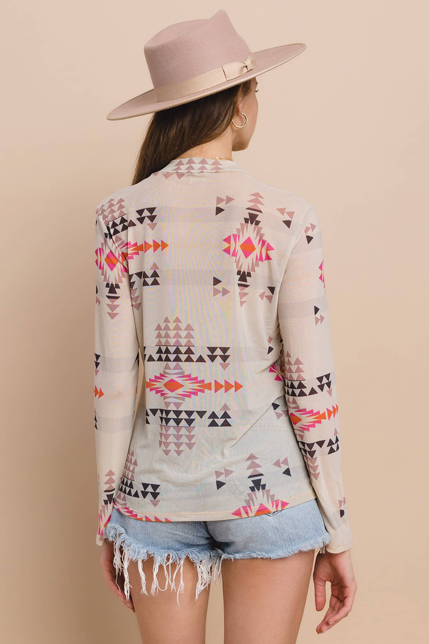 Western Aztec Print Mesh Mock Neck Top: WESTERN PRINT / L