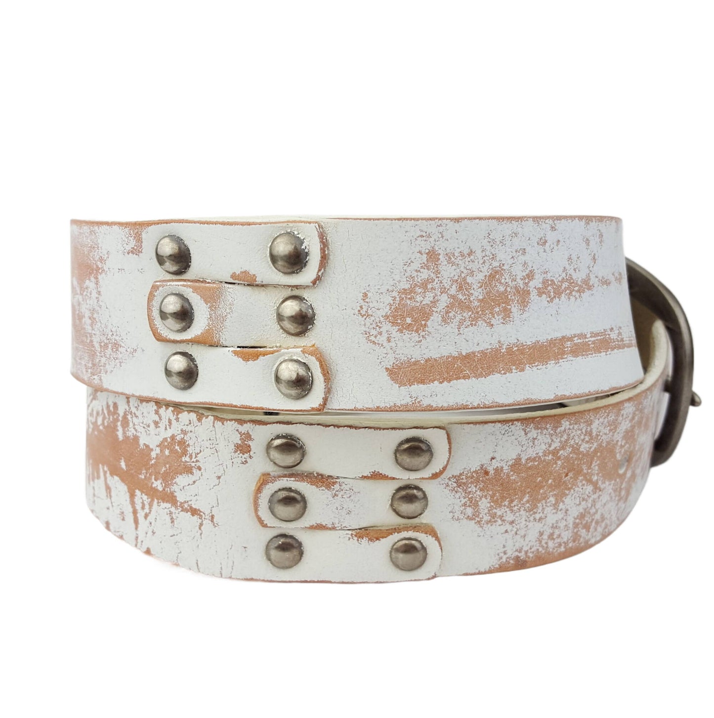 Distressed White Genuine Studded Leather Belt