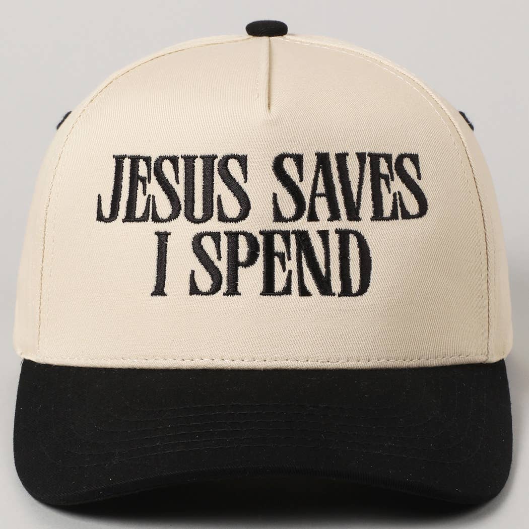 JESUS SAVES I SPEND Embroidery Trucker Hat: HOT PINK / ONE SIZE