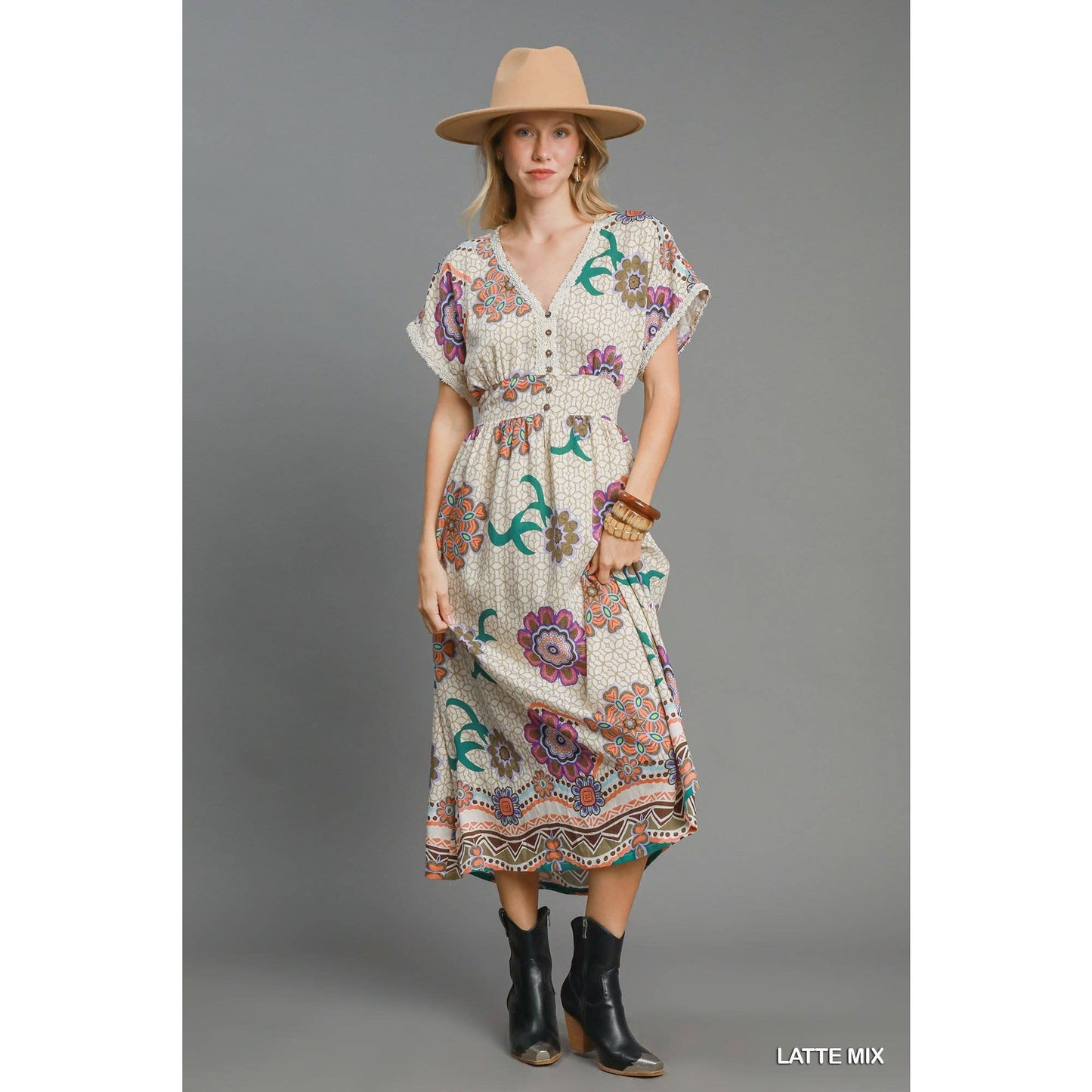 Latte Abstract Print Midi Dress