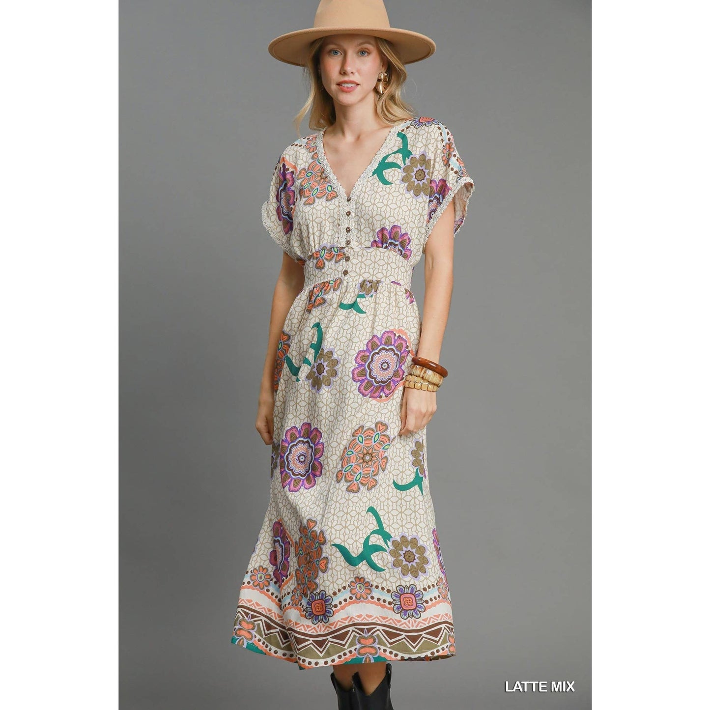 Latte Abstract Print Midi Dress