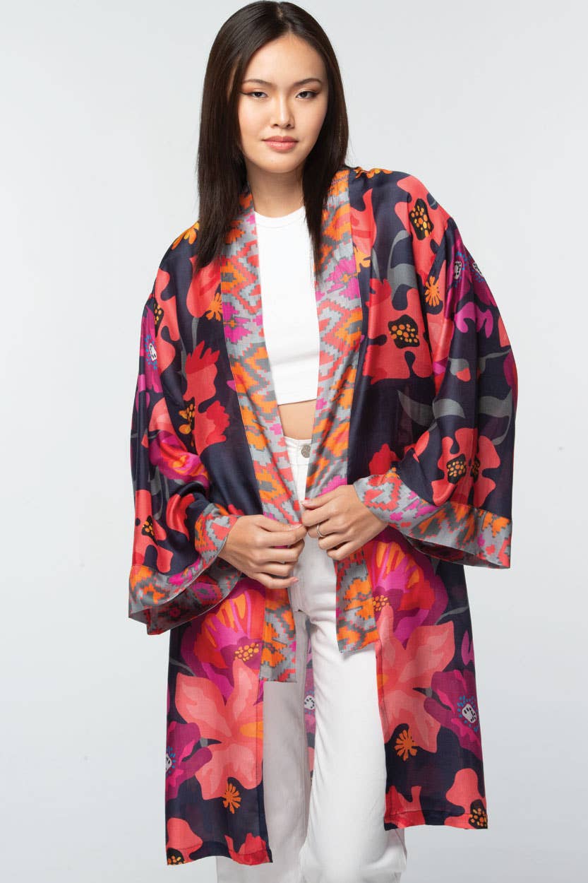 Malini Cupro Kimonos: Navy Multi Floral