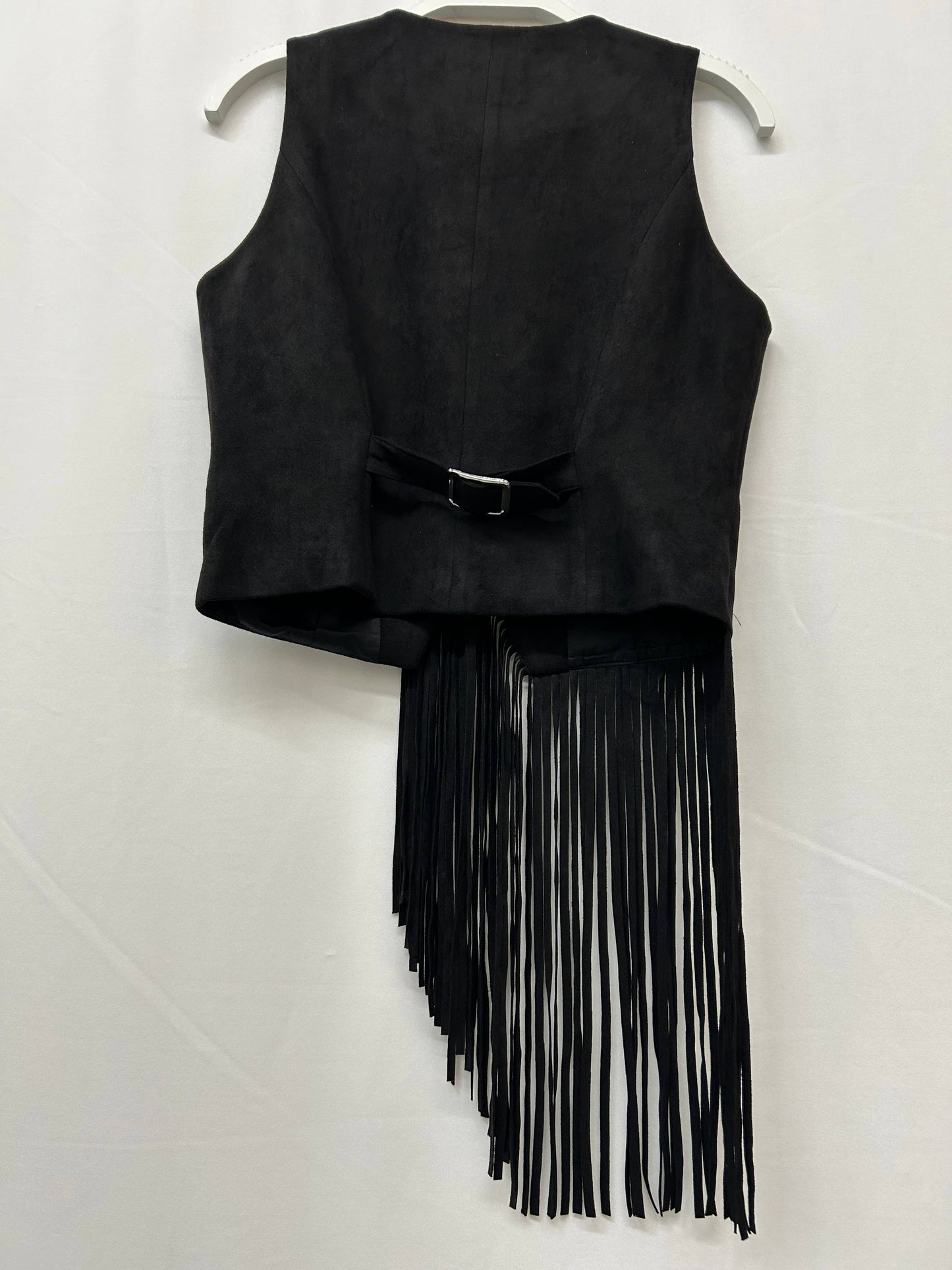 Black Asymmetrical Faux Suede Fringe Vest