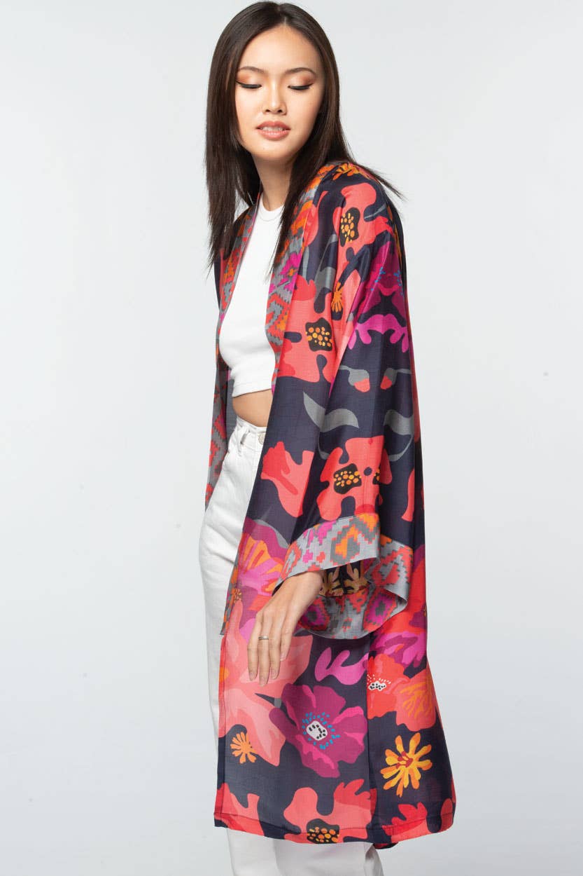 Malini Cupro Kimonos: Navy Multi Floral
