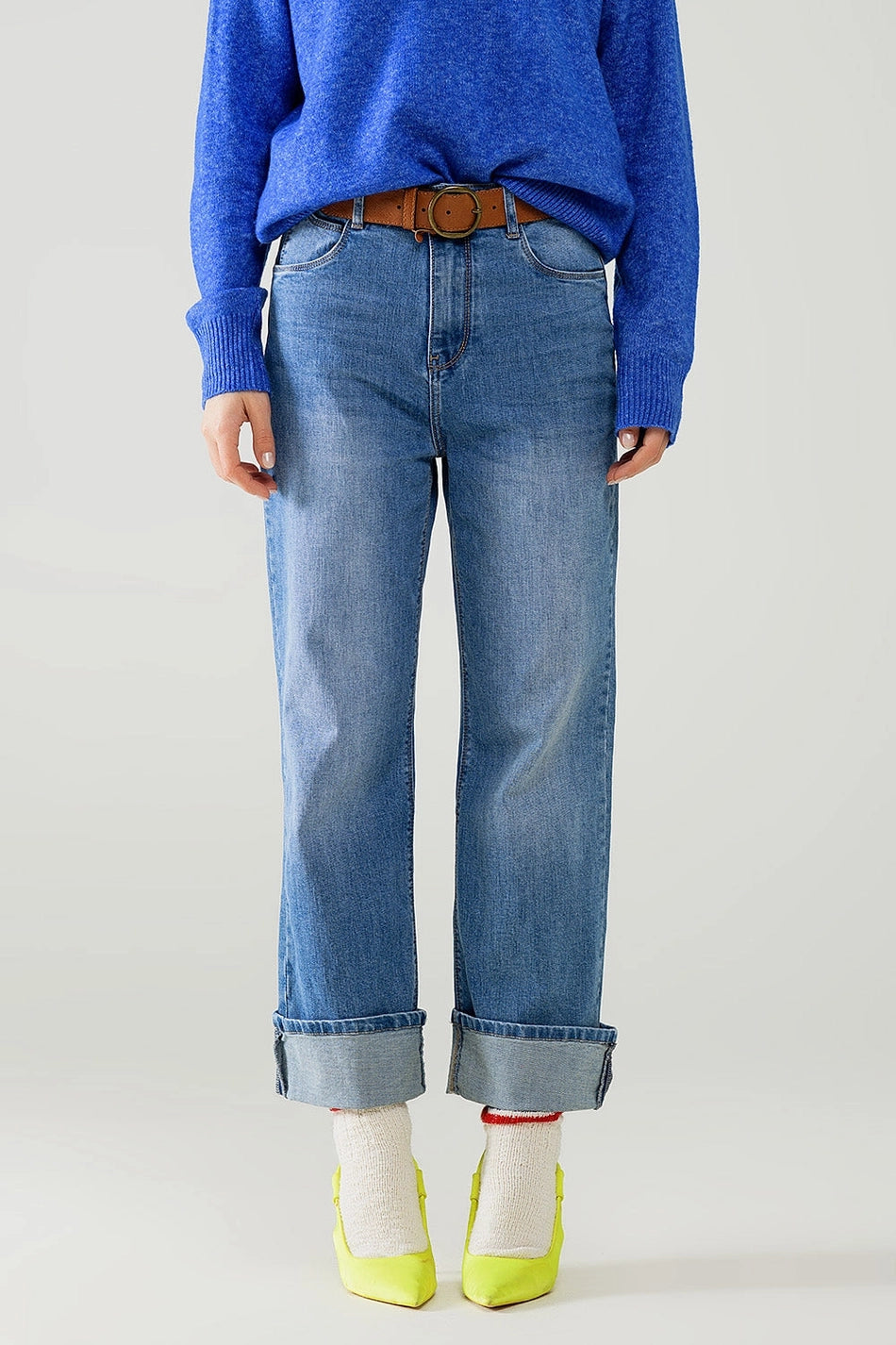 Straight Fit Cuffed Jeans with Mid Wash