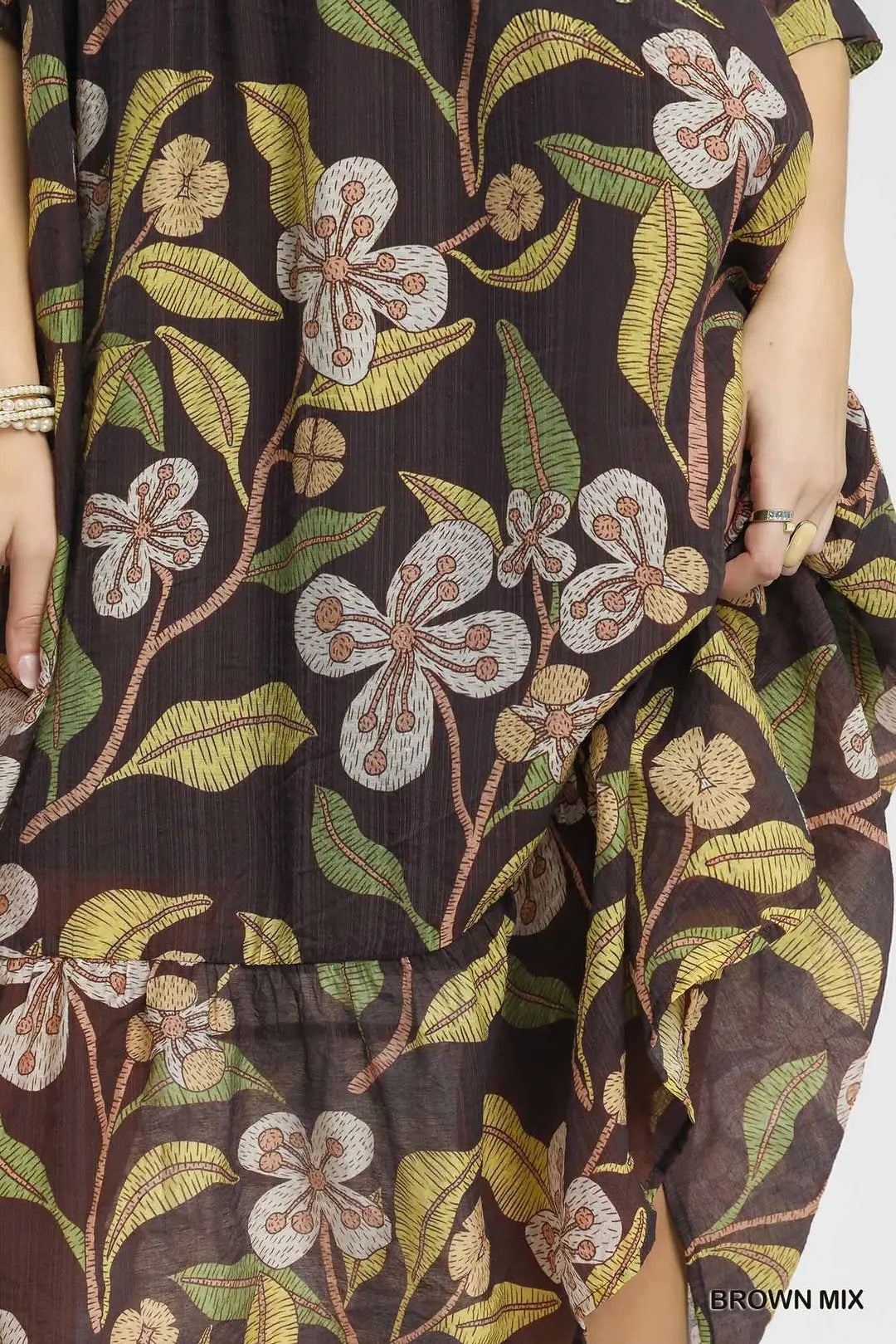 Brown Mixed Floral Print Tiered Midi Dress