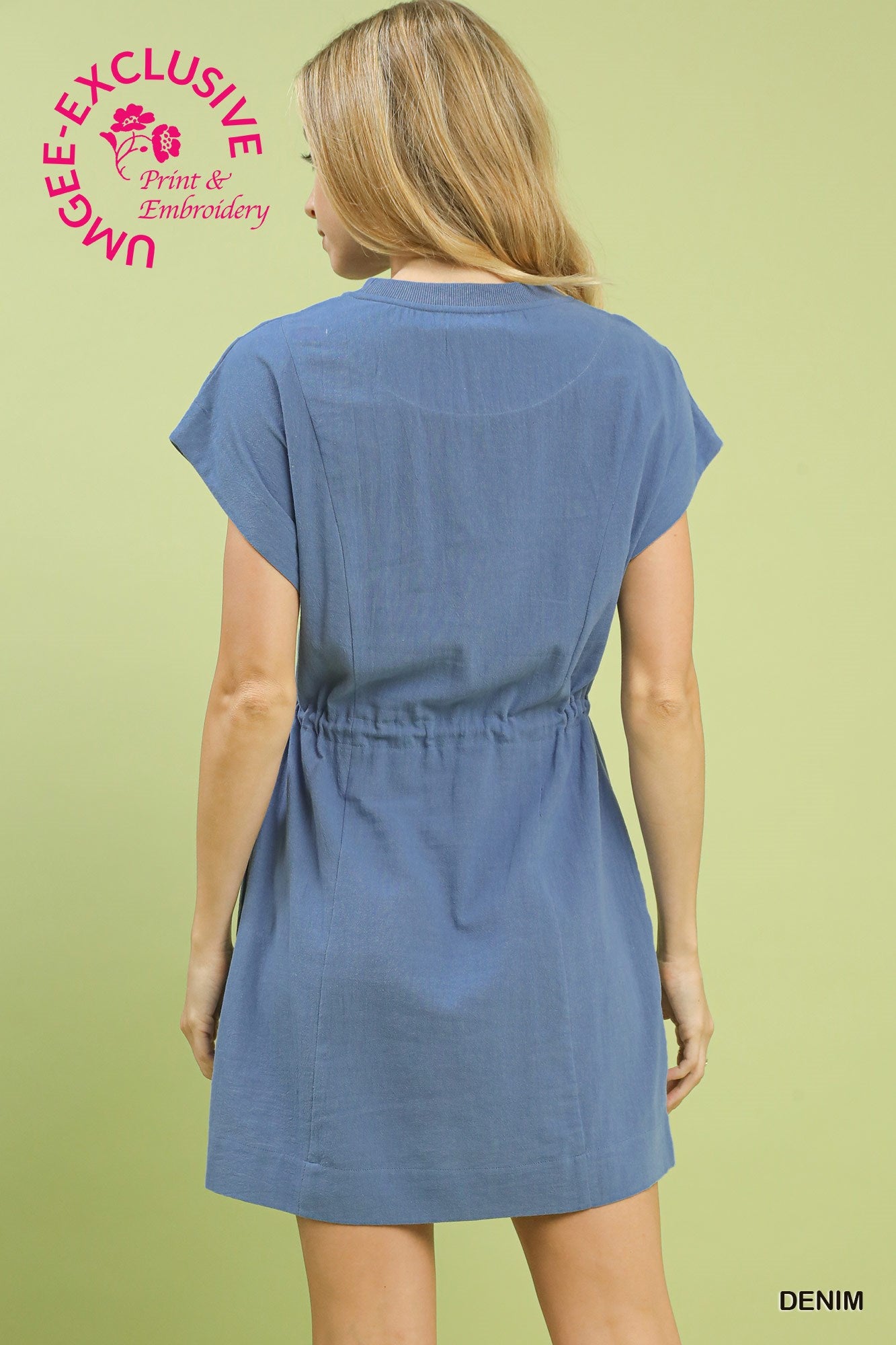 Blue Embroidered Drawstring Dress