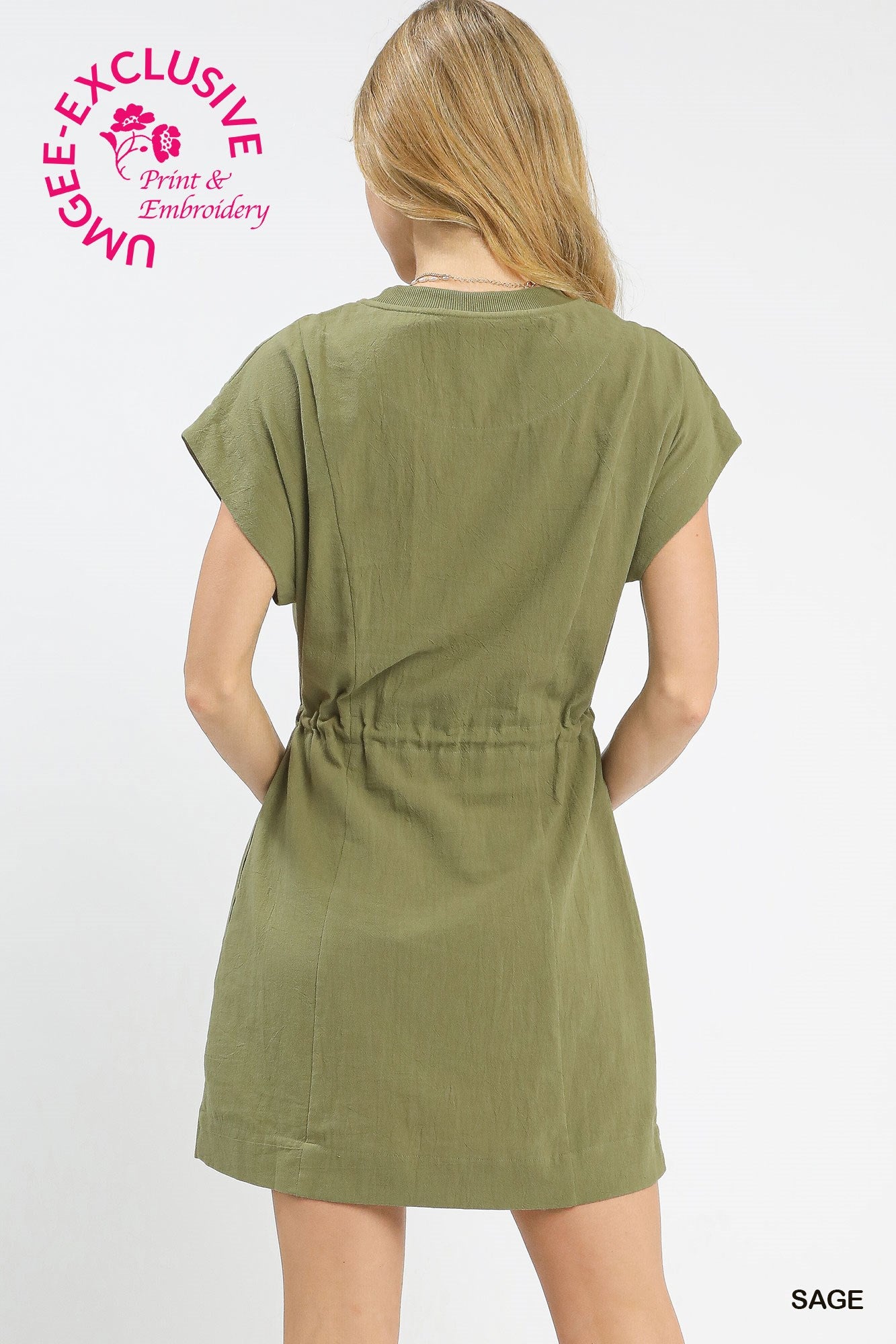 Sage Embroidered Drawstring Dress