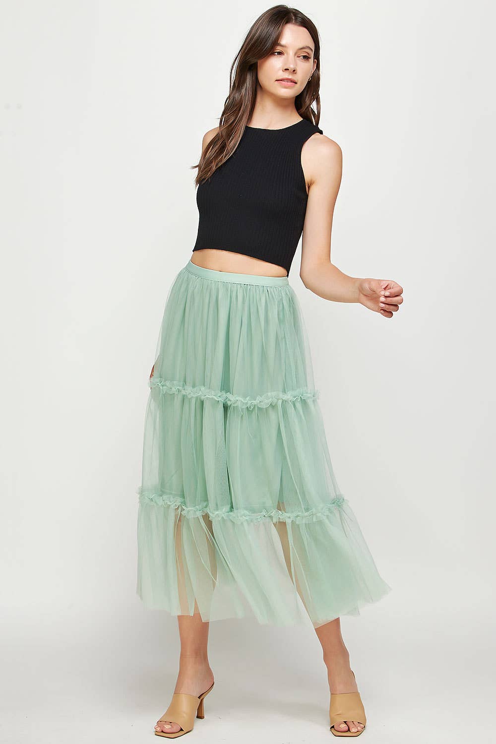 Sage Green Tulle Midi Skirt With Mini Ruffles