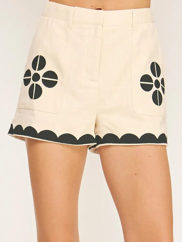 Ecru/black Contrast Embroidery Shorts
