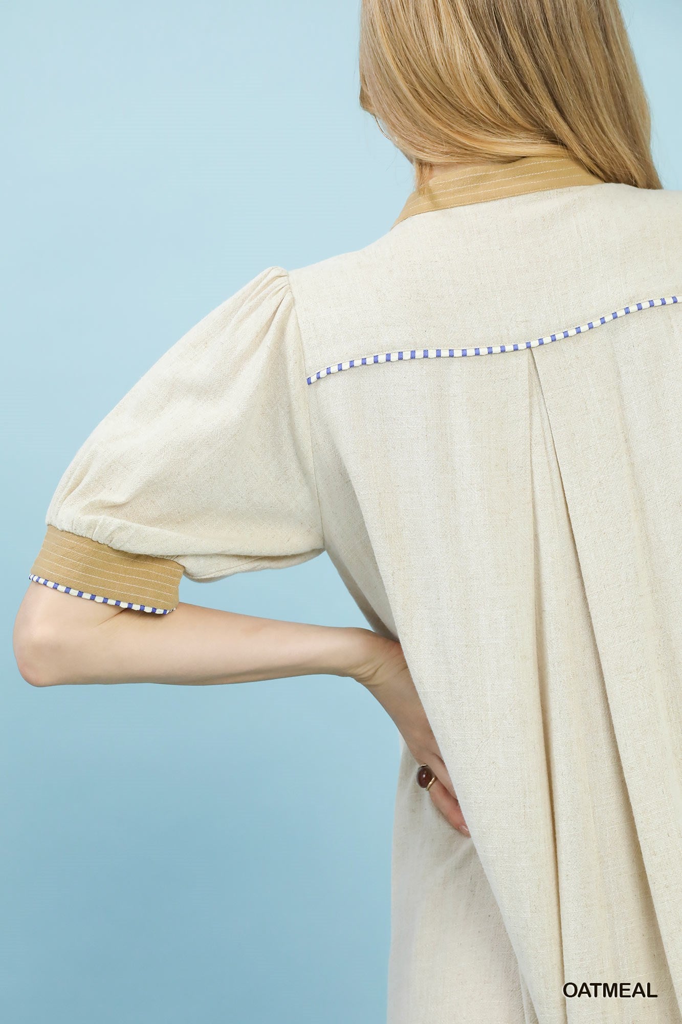 Oatmeal Linen Contrast Trim Midi Dress