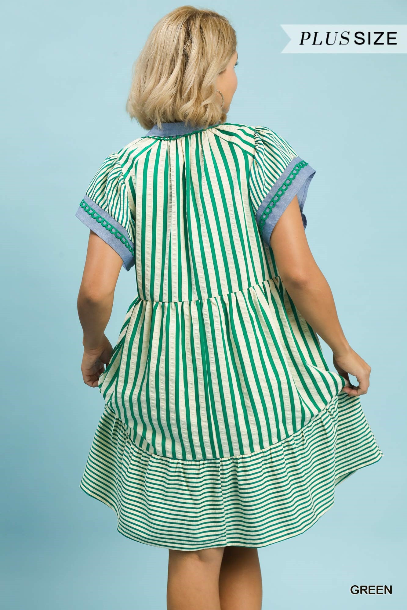 Green Mixed Stripe Flutter Sleeve Tiered Babydoll Top