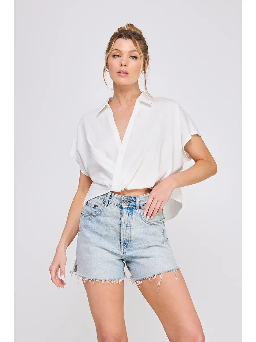 Textured Woven, Criss-Crossed Collared Top