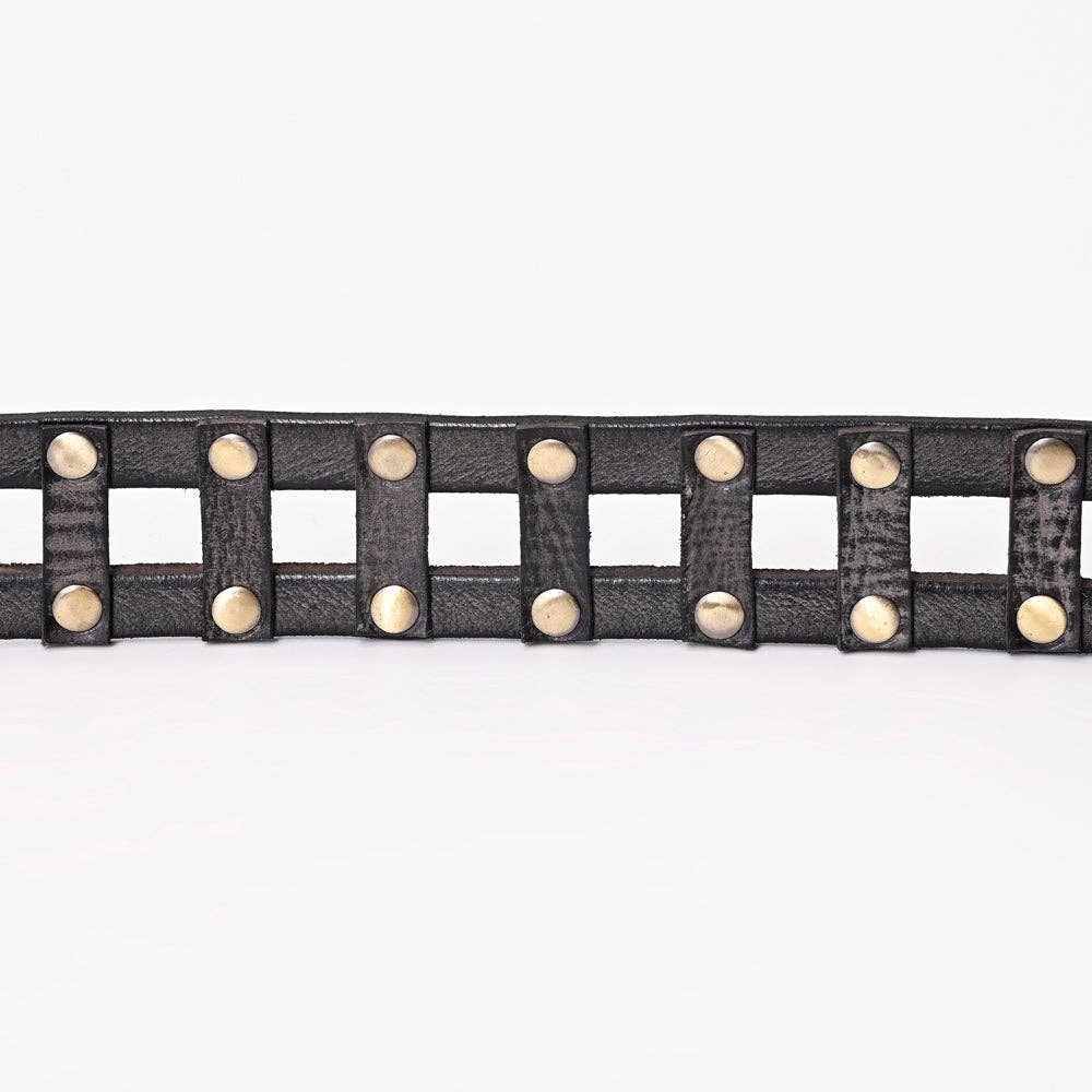 Black Vintage Leather Belt with Studded Cage Design and Antique Brass Buckle