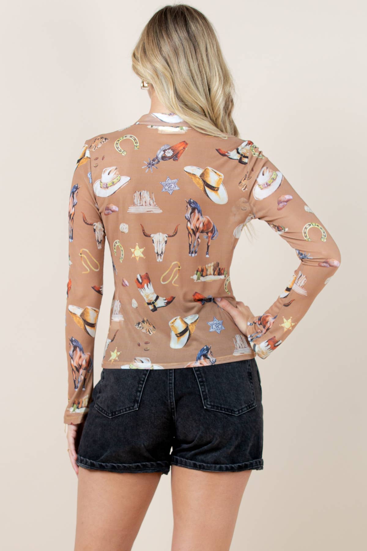Western Sheriff Spur Shoes Print Mesh Blouse: Print / L