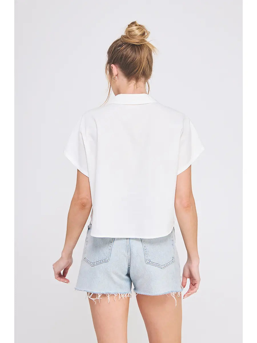 Textured Woven, Criss-Crossed Collared Top
