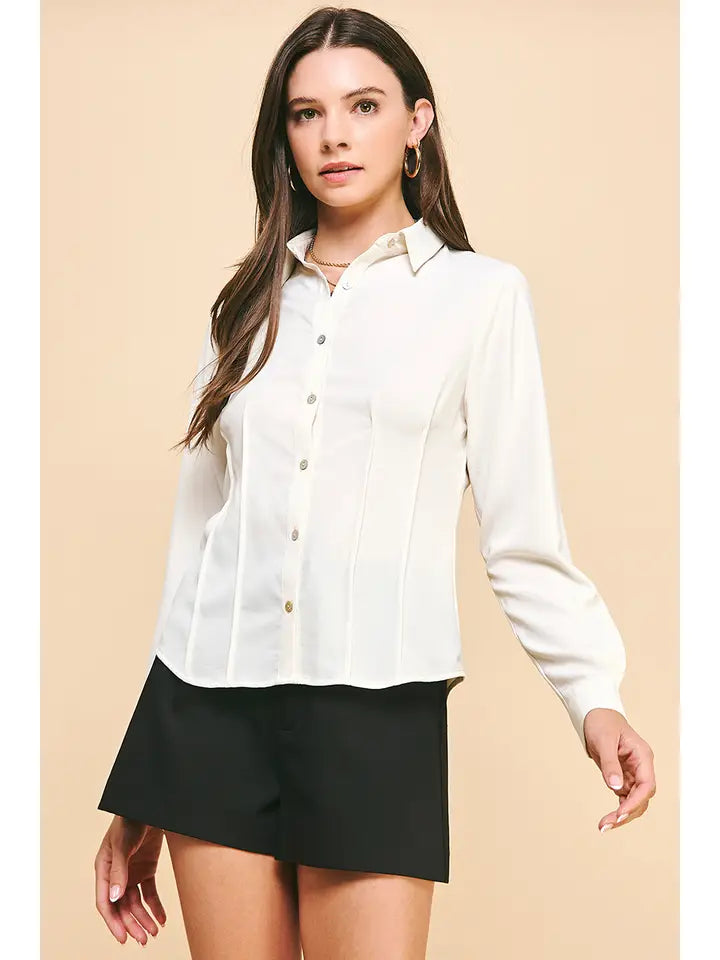 Pintuck Beige Button Down Shirt