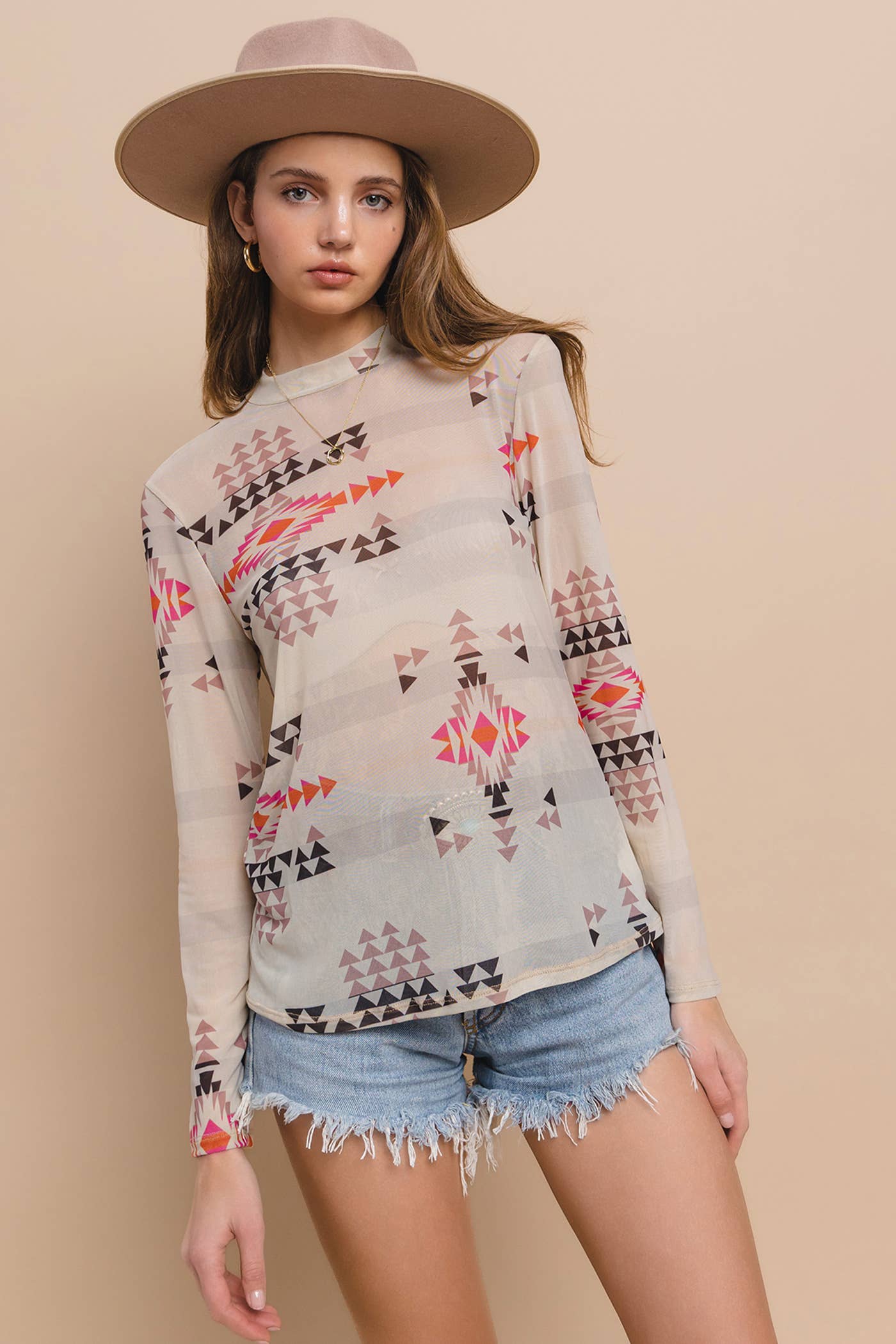 Western Aztec Print Mesh Mock Neck Top: WESTERN PRINT / XL