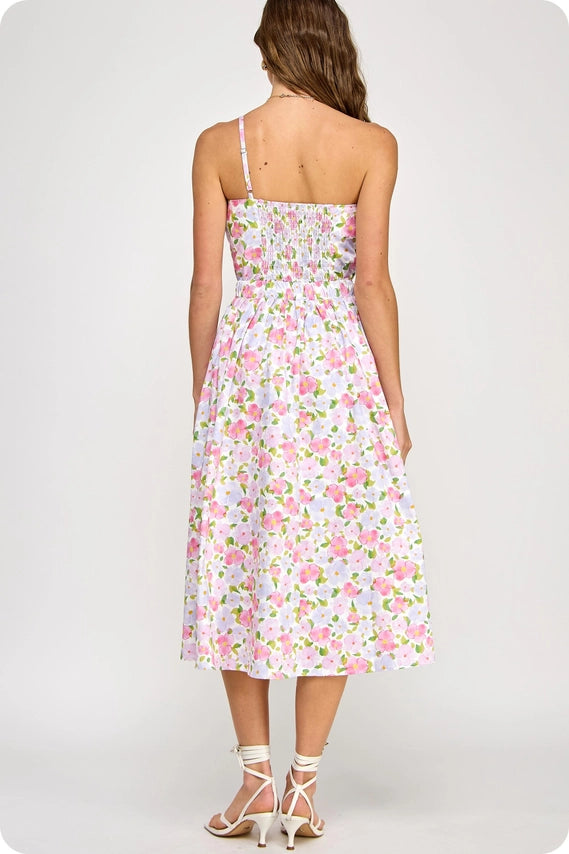 Pink Knotted Flower Bow Floral Print Midi Dress