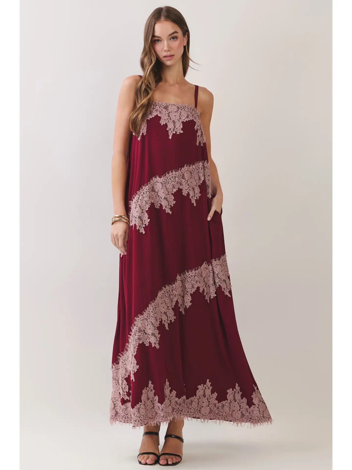 The Bordeaux Lace Trim Maxi Dress