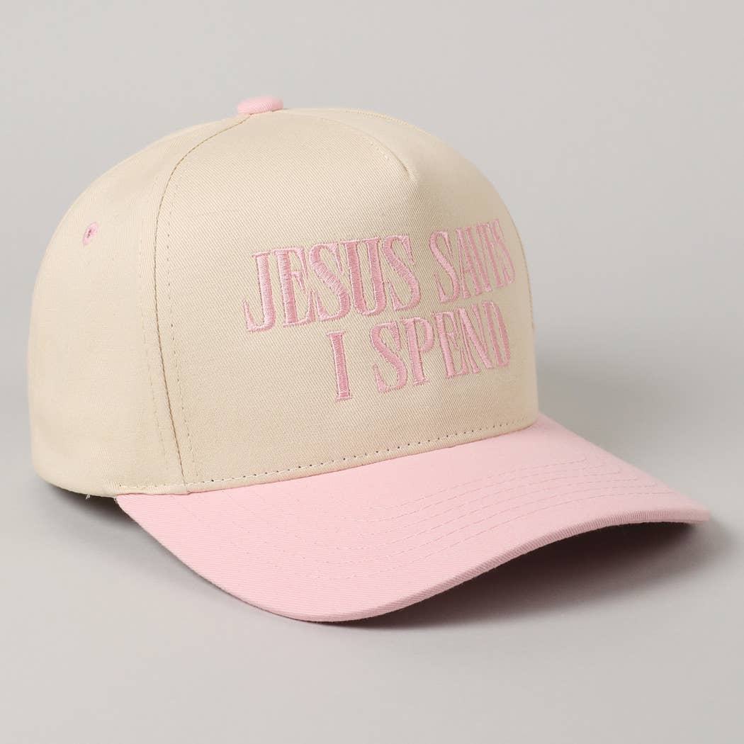 JESUS SAVES I SPEND Embroidery Trucker Hat: HOT PINK / ONE SIZE
