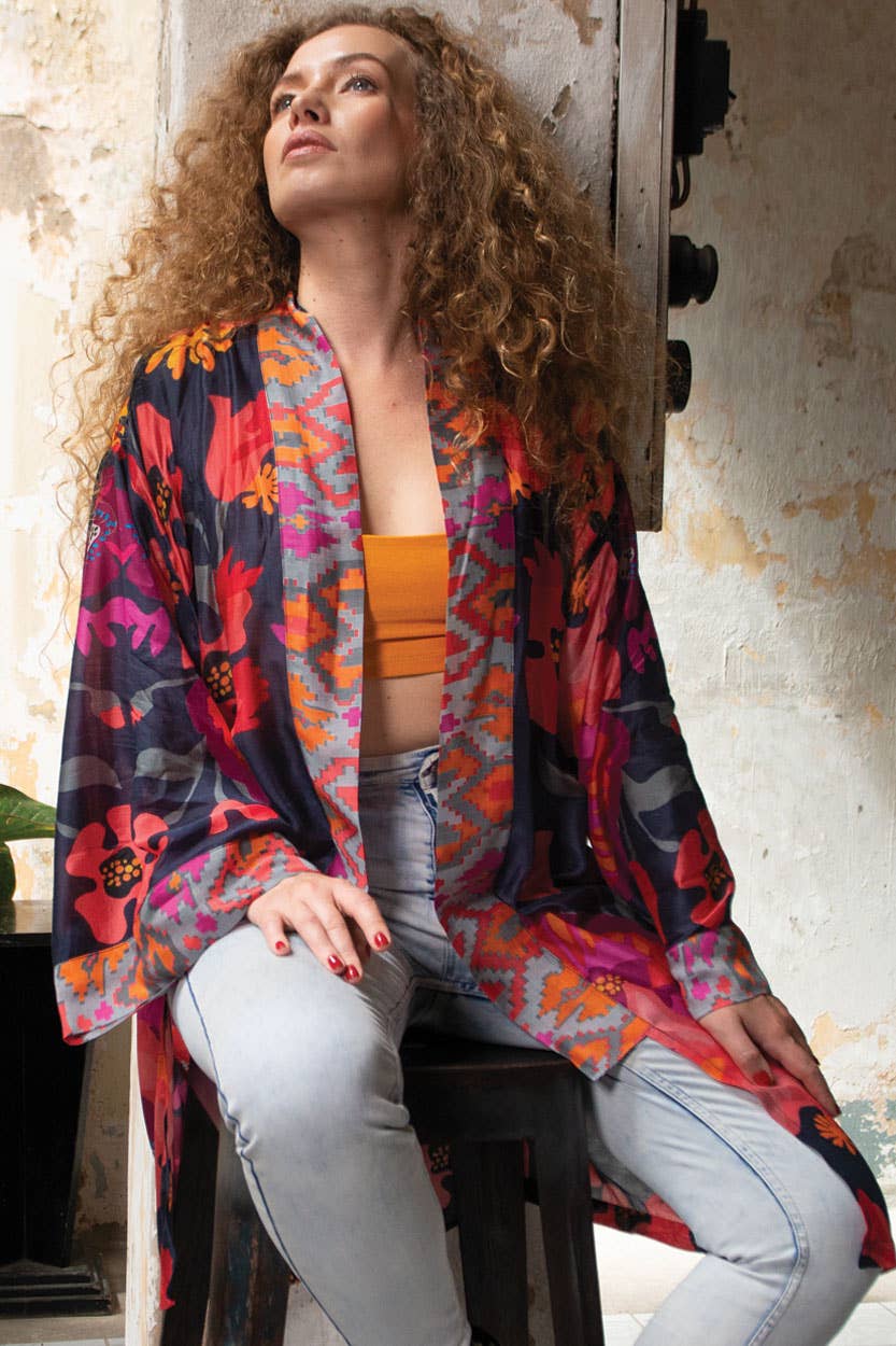 Malini Cupro Kimonos: Navy Multi Floral