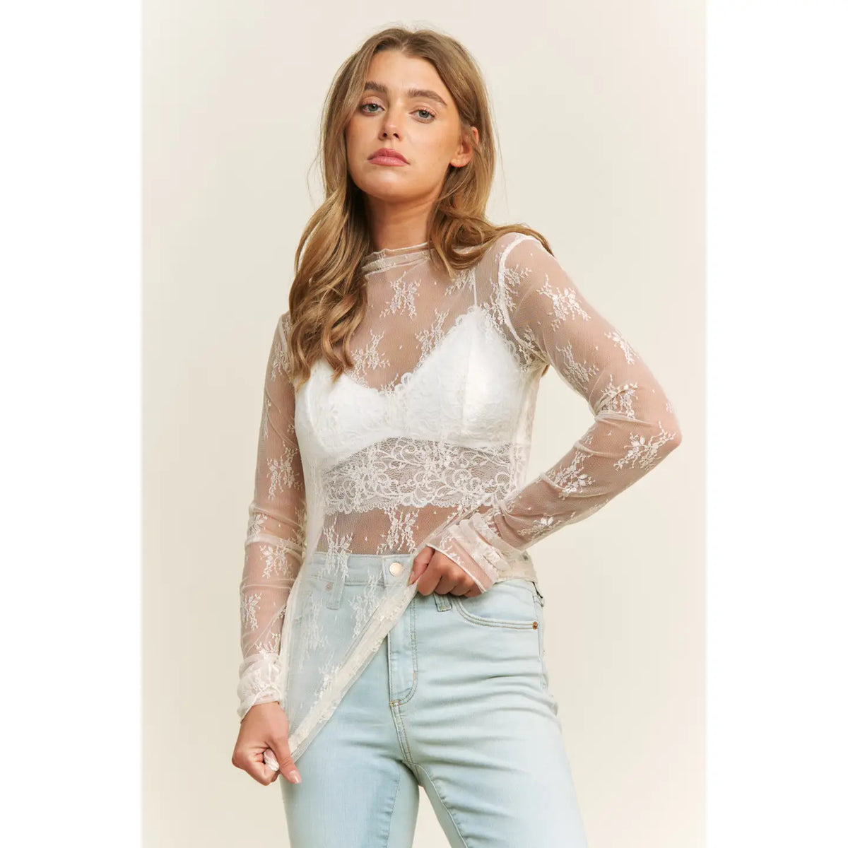 Cream Sheer Lace Long Sleeve Mesh Top
