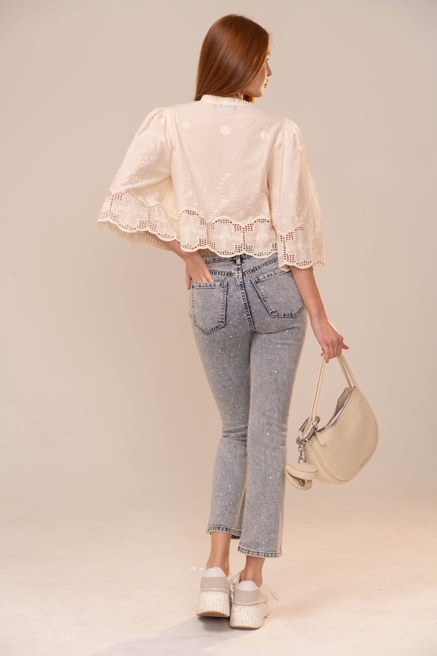 Ivory Puff Sleeve Embroidered Eyelet Tie Blouse