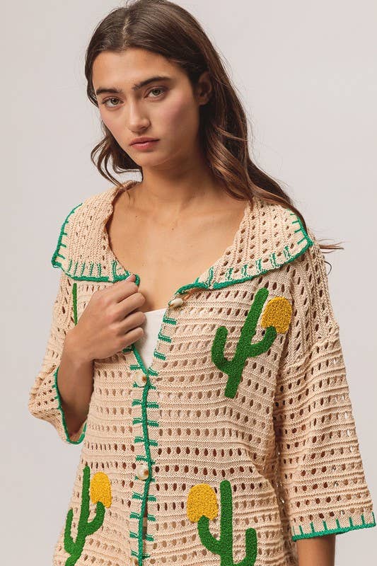 Edge Stitch Cactus Sweater Cardigan Top