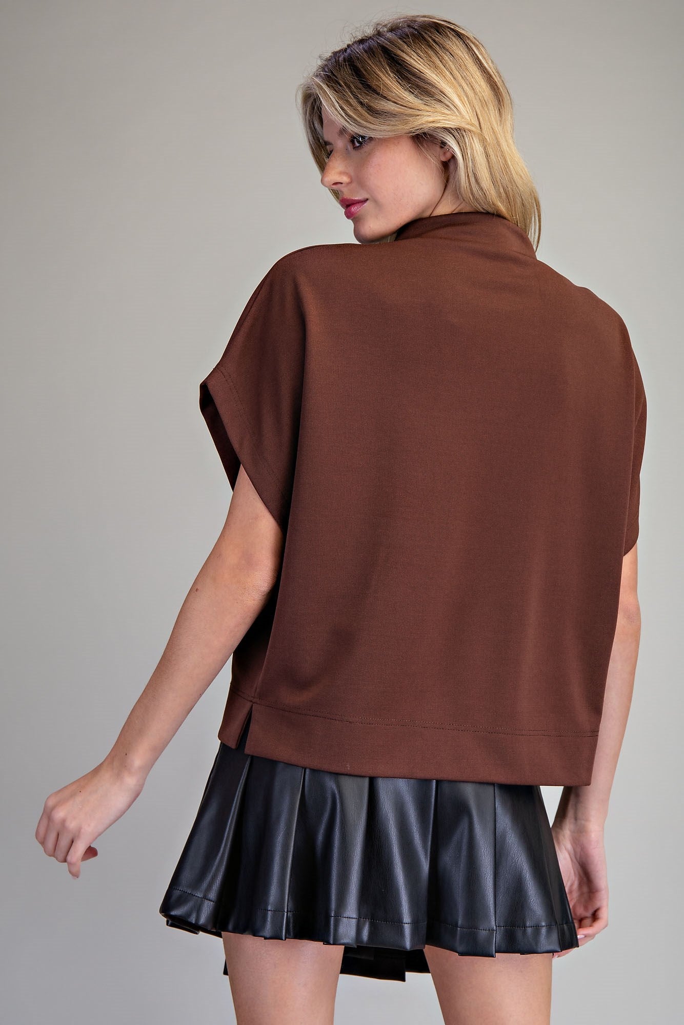 Brown Mock Neck Short Sleeve Top