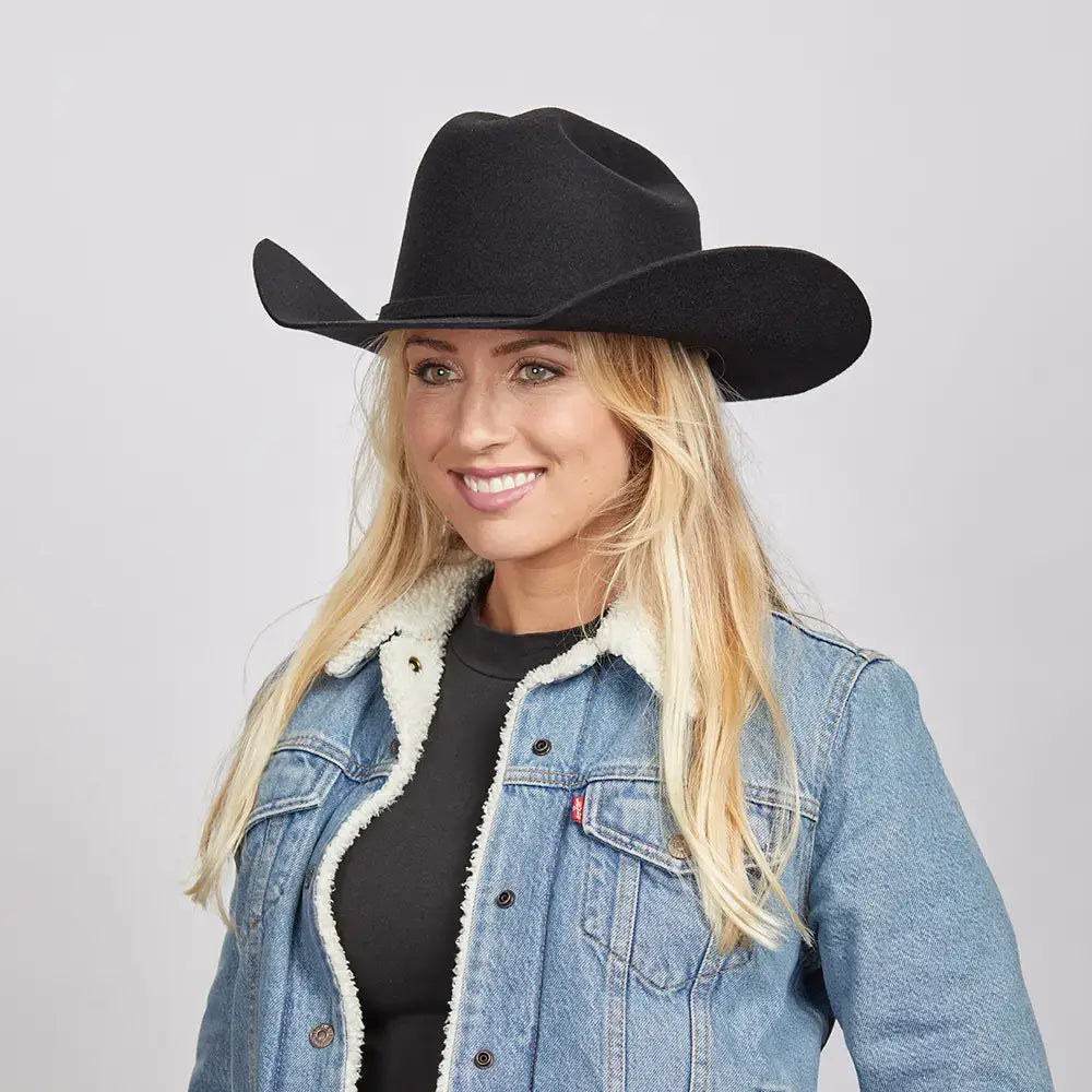 Black 100% Wool Felt Western Cowboy Hat - Style Cattleman