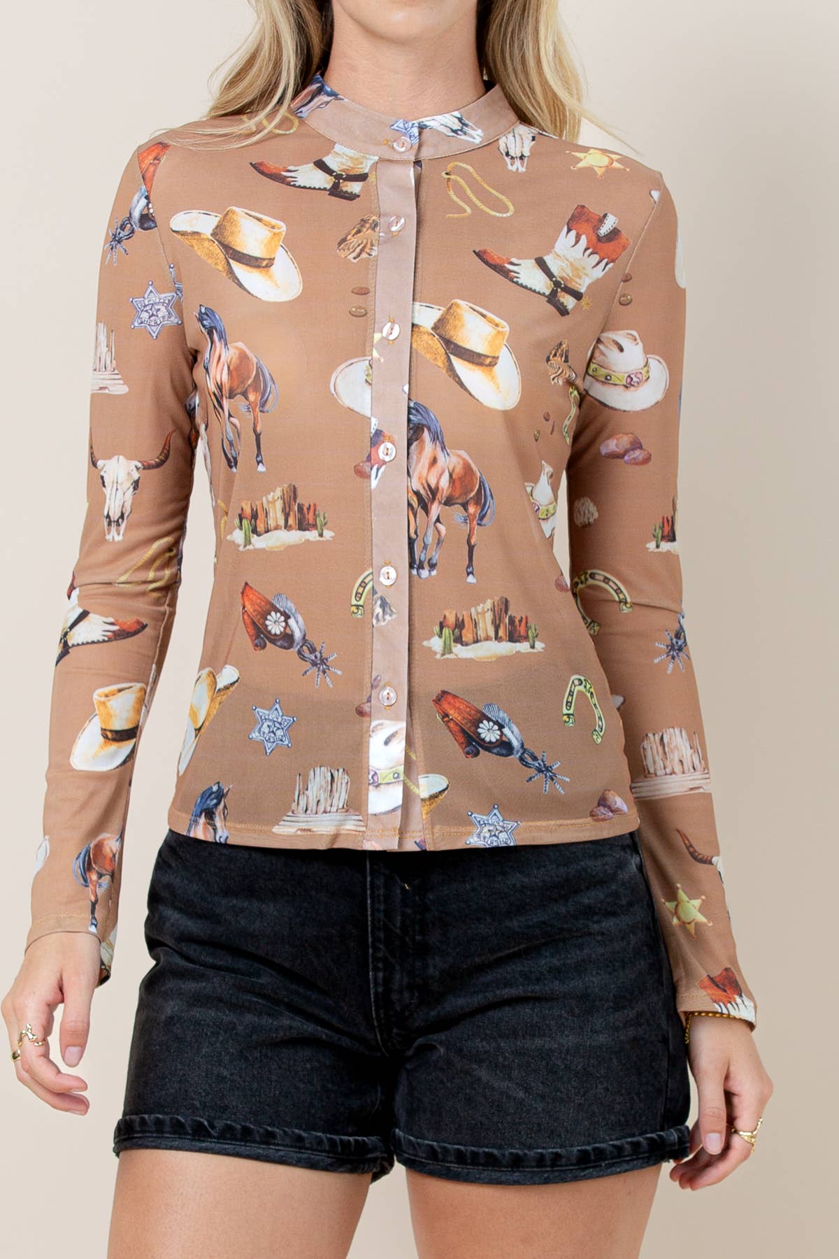 Western Sheriff Spur Shoes Print Mesh Blouse: Print / L