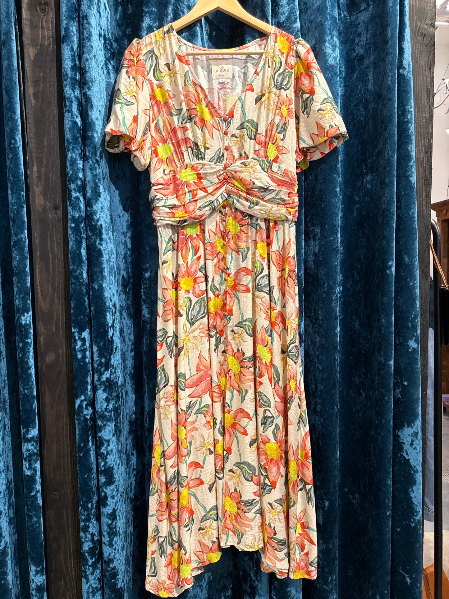 Beige and Coral Long Floral Dress