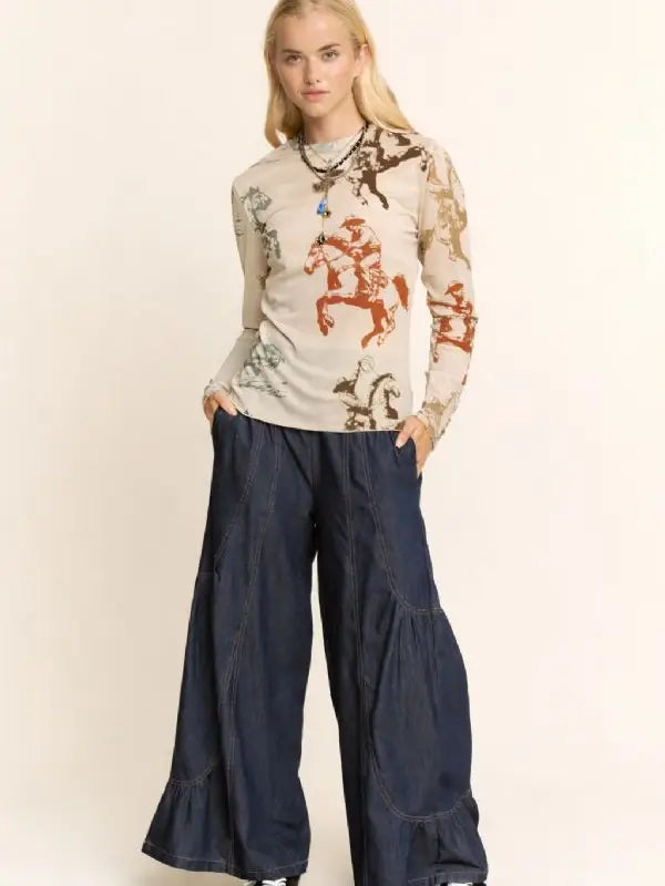 Western Horse Print Mesh Long Sleeve Top