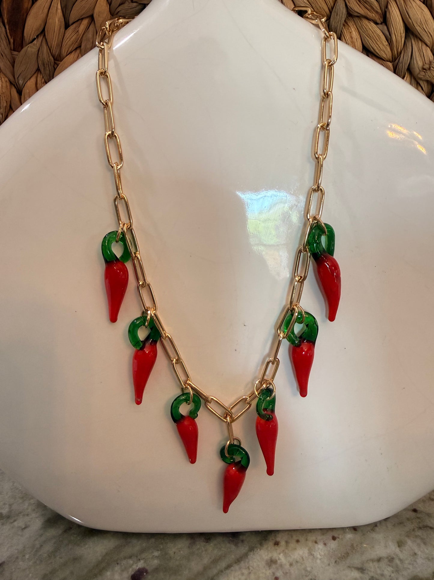 Glass Chili Pepper Charm Paperclip Necklace