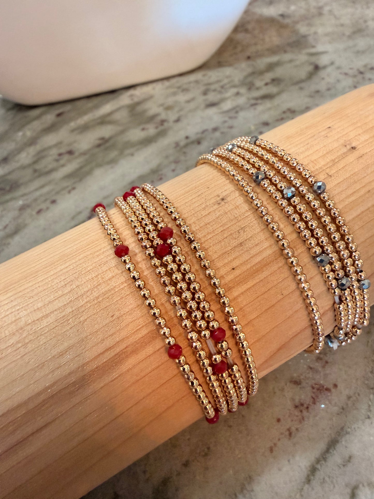 Mini Beaded Gold Stack Bracelets with Gem
